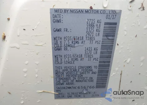 2017 Nissan Pathfinder S/Sv/Sl/Platinum из США, поврежденный, VIN 5N1DR2MM7HC656766